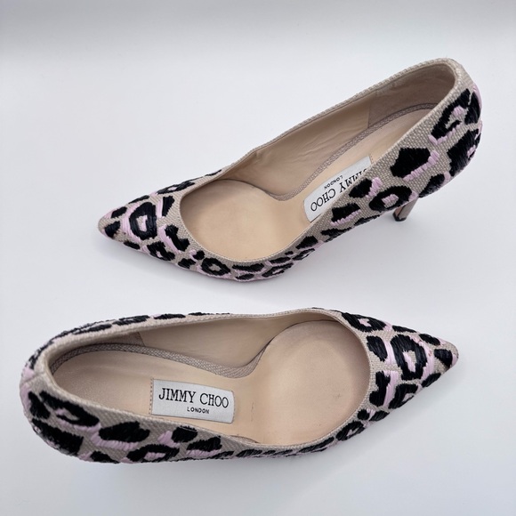 Jimmy Choo Woven Raffia Leopard Pink Black Natural Motif Romy Pumps Heels - Picture 10 of 12